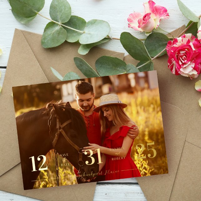 Invitación Con Relieve Metalizado Real Golden Stylish & Fun Unmatched Wedding Photo (Real Golden Stylish & Fun Unmatched Wedding Photo Card Save the Date with Envelope.)