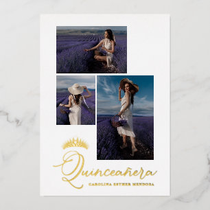 Invitación Con Relieve Metalizado Real Golden Tiara Minimalista Quinceañera Español