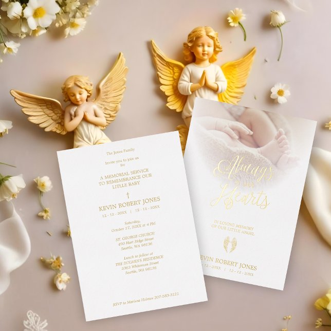Invitación Con Relieve Metalizado  Real Golden Wings Beloved Ones Passed Away (Real Golden Fancy Angel Wings Metallic Foil Invitation with Envelope. )