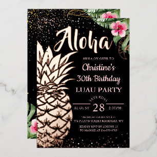 Invitación Con Relieve Metalizado Real Hoja Tropical Floral Piña Rosa Dorado
