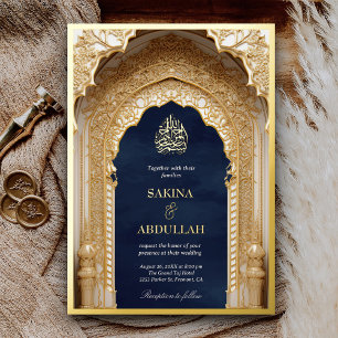 Invitación Con Relieve Metalizado Real Marina Islámica Arco Musulmán Boda Dorada