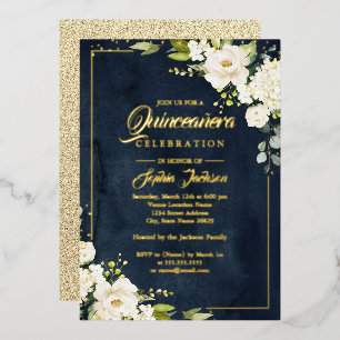 Invitación Con Relieve Metalizado REAL ORO HOJA Floral Azul Marino Quinceañera