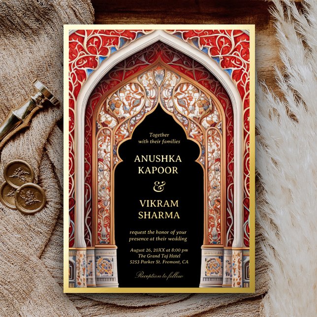 Invitación Con Relieve Metalizado Real Palacio Indio Arco Rojo Negro Boda Oro (Subido por el creador)
