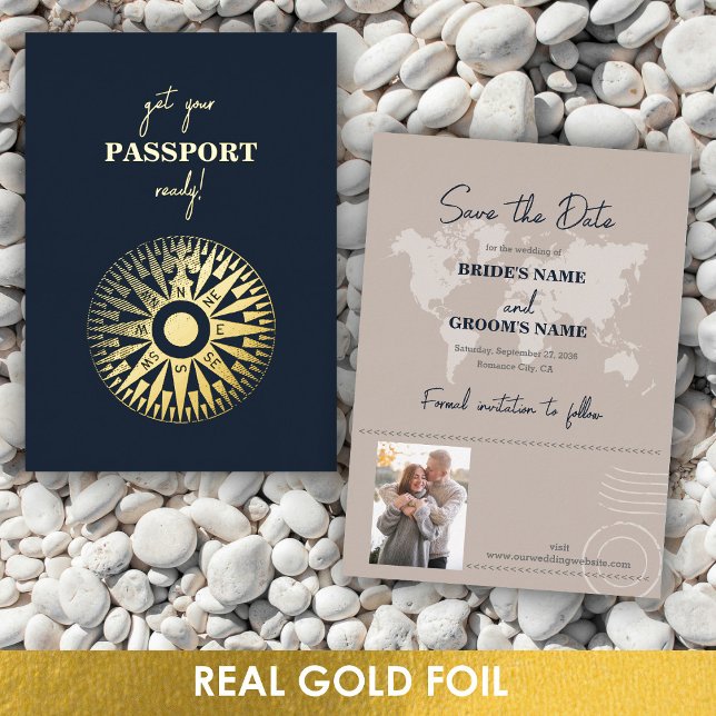 Invitación Con Relieve Metalizado Real Relieve metalizado Boda Pasaporte Compass Gua (Real Foil Wedding Passport Compass Save the Date Foil Invitation)
