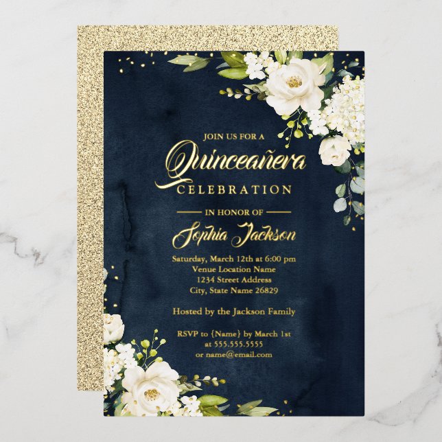 Invitación Con Relieve Metalizado Real RELIEVE METALIZADO DORADO Floral Quinceanera (Anverso/Reverso)