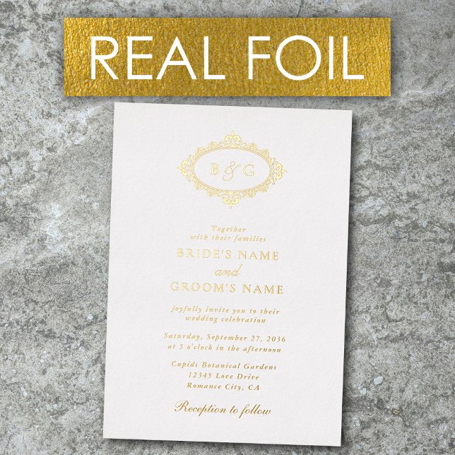 Invitación Con Relieve Metalizado Real Relieve metalizado dorado Wreath Elegante Bod (Real Gold Foil Wreath Elegant Monogram Wedding Foil Invitation)