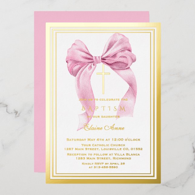 Invitación Con Relieve Metalizado Real Relieve metalizado Lujo Oro Rosa Bow Chica Re (Anverso/Reverso)