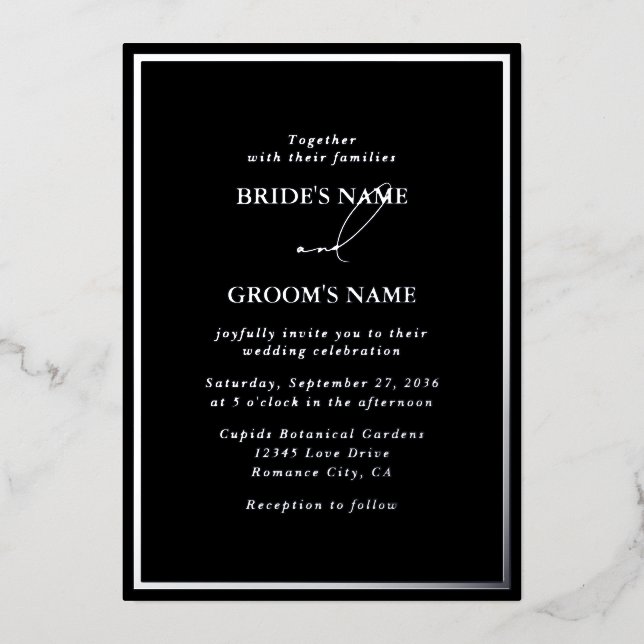 Invitación Con Relieve Metalizado Real Relieve metalizado plateado Boda moderno negr (Anverso)