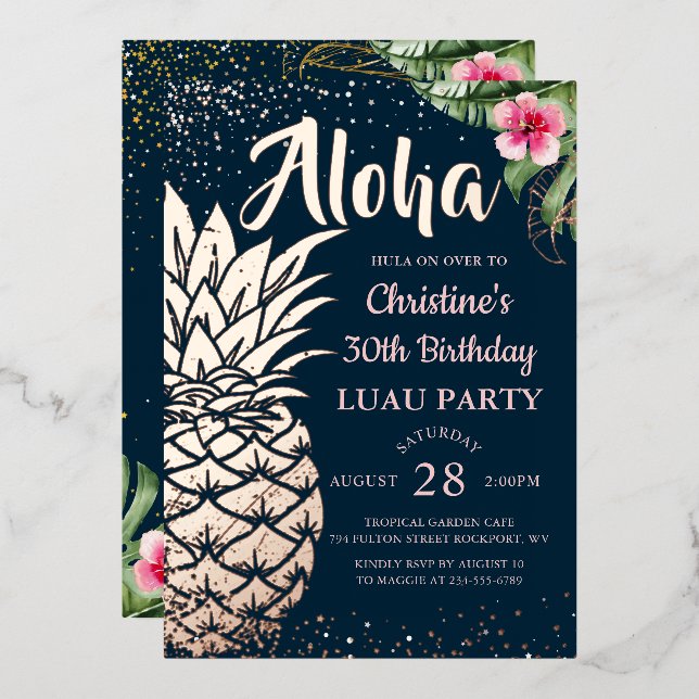 Invitación Con Relieve Metalizado Real Relieve metalizado Tropical Piña Floral Luau  (Anverso/Reverso)