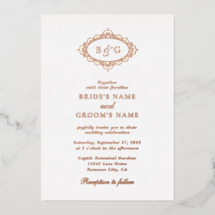Invitación Con Relieve Metalizado Real Rosa Dorada Hoja de Laurel Monograma Boda