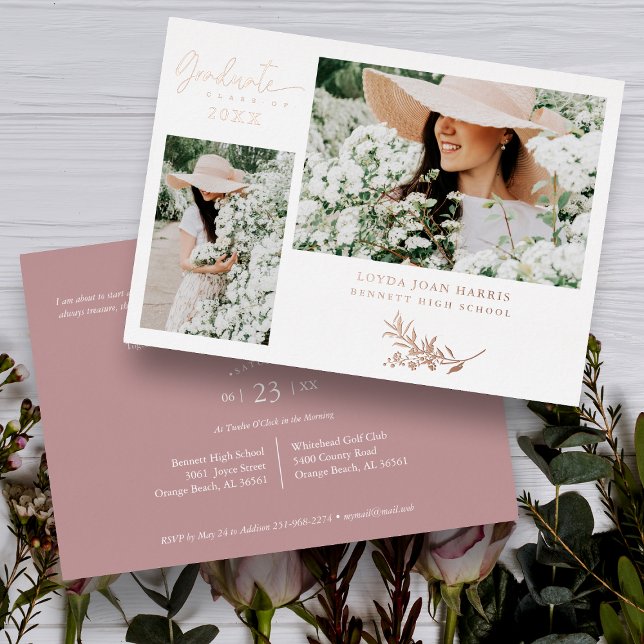 Invitación Con Relieve Metalizado Real Rosa Gold Trendy Branches Graduación 2 Fotos (Subido por el creador)