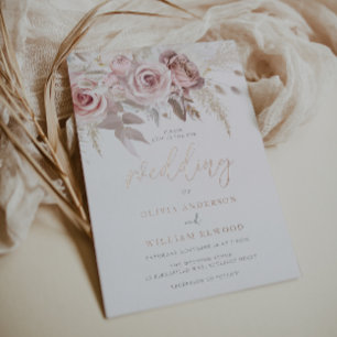 Invitación Con Relieve Metalizado Real Rosa Gold y Boda de Rosas de Rubor
