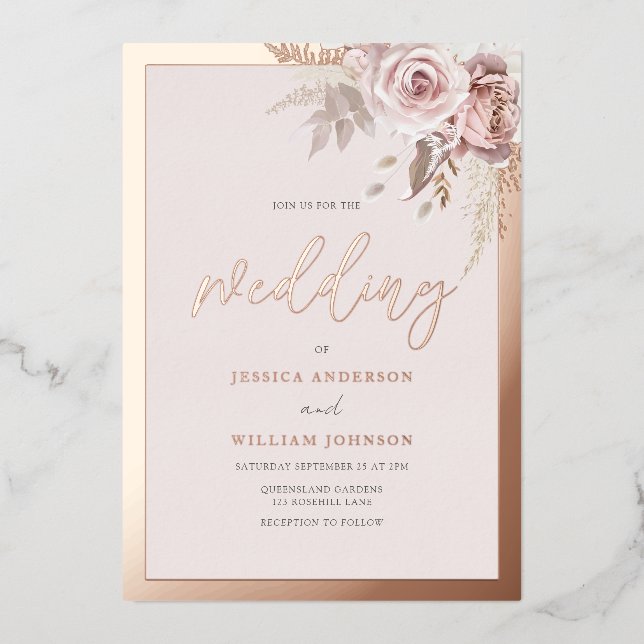 Invitación Con Relieve Metalizado Real Rose Gold Foil Border Blush Floral Wedding (Anverso)