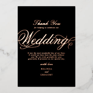 Invitación Con Relieve Metalizado Real Rose Gold Foil Negro Agradecimiento Boda
