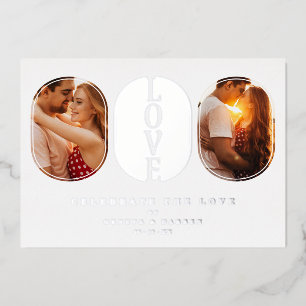 Invitación Con Relieve Metalizado Real Silver Love Quote Wedding 2 Photos Couple