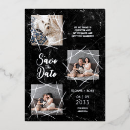 Invitación Con Relieve Metalizado Real Silver Three Photos Dog Wedding Faux Marble