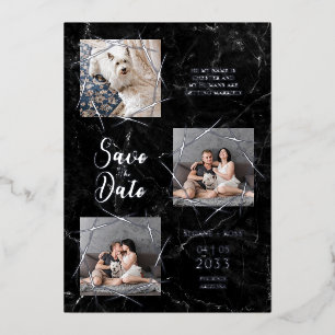 Invitación Con Relieve Metalizado Real Silver Three Photos Dog Wedding Faux Marble