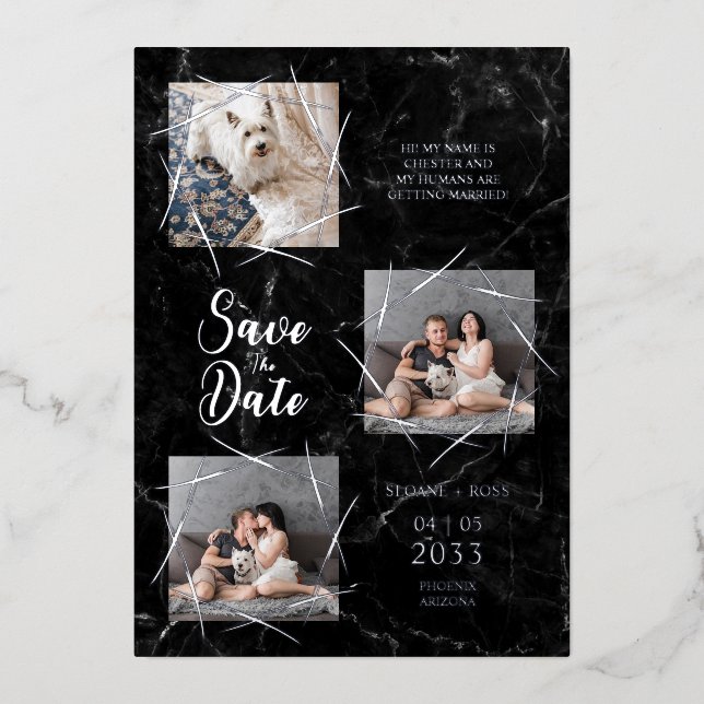 Invitación Con Relieve Metalizado Real Silver Three Photos Dog Wedding Faux Marble (Anverso)
