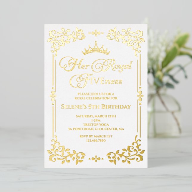 Invitación Con Relieve Metalizado Realeza quinta cumpleaños Princes 5 (Anverso de pie)