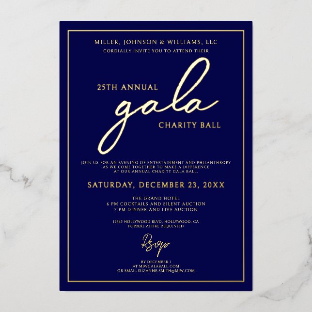 Invitación Con Relieve Metalizado Recaudación de fondos para el evento de gala elega (Anverso)