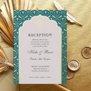 Invitación Con Relieve Metalizado Recepción Art Deco Gold Floral Lotus Wedding