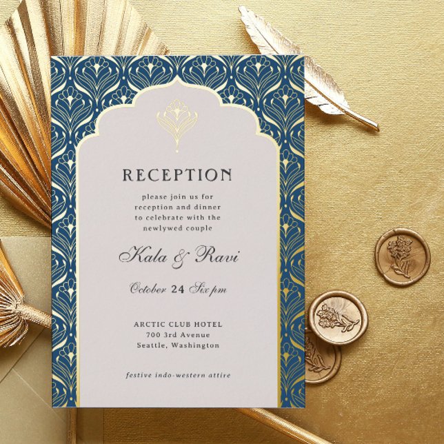 Invitación Con Relieve Metalizado Recepción Art Deco Gold Floral Lotus Wedding (art deco reception invitation, indian wedding invitation, hindu wedding invite, metallic gold foil)