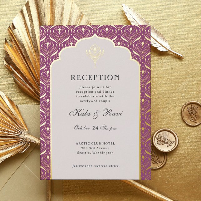 Invitación Con Relieve Metalizado Recepción Art Deco Gold Floral Lotus Wedding (art deco reception invitation, indian wedding invitation, hindu wedding invite, metallic gold foil)