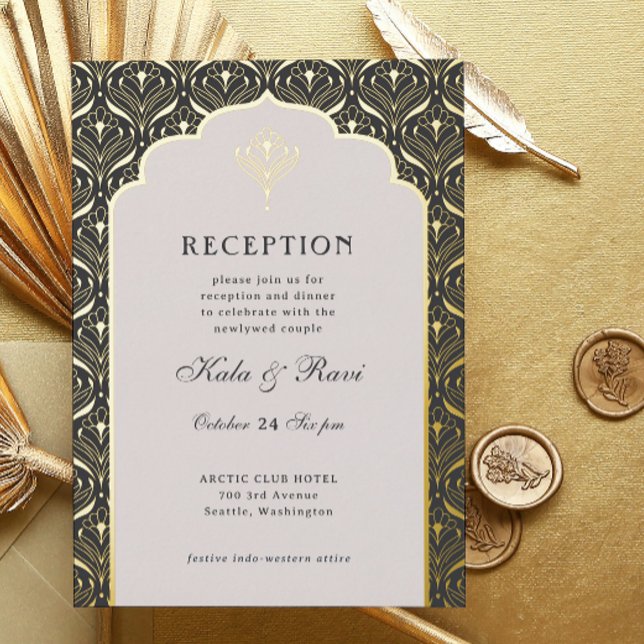 Invitación Con Relieve Metalizado Recepción Art Deco Gold Floral Lotus Wedding (art deco reception invitation, indian wedding invitation, hindu wedding invite, metallic gold foil)