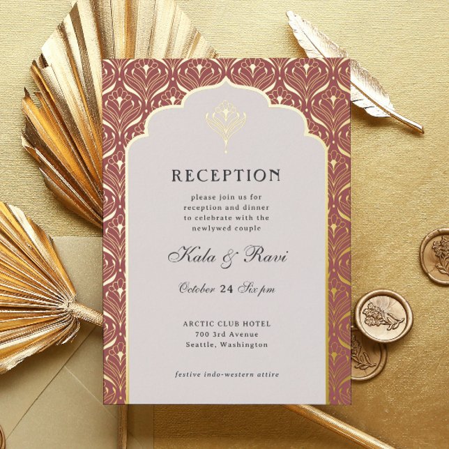 Invitación Con Relieve Metalizado Recepción Art Deco Gold Floral Lotus Wedding (art deco reception invitation, indian wedding invitation, hindu wedding invite, metallic gold foil)