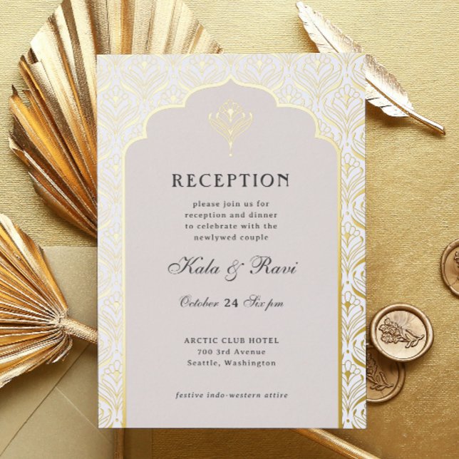 Invitación Con Relieve Metalizado Recepción Art Deco Gold Floral Lotus Wedding (art deco reception invitation, indian wedding invitation, hindu wedding invite, metallic gold foil)