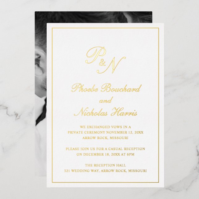 Invitación Con Relieve Metalizado Recepción de Boda Clásica y Elegante (Anverso/Reverso)