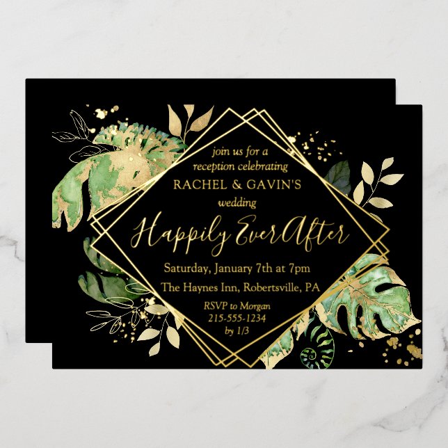 Invitación Con Relieve Metalizado Recepción de Boda con Huida Tropical Negra y Dorad (Anverso/Reverso)