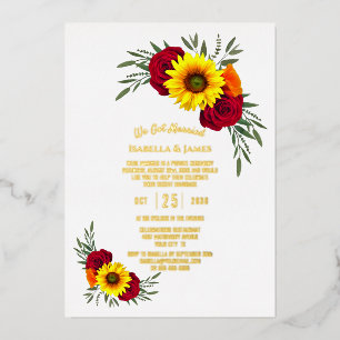 Invitación Con Relieve Metalizado Recepción de Boda con Texto de Girasol en Dorado R
