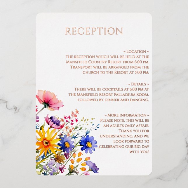 Invitación Con Relieve Metalizado Recepción de Boda de Flor Silvestre de Belleza Bot (Anverso)