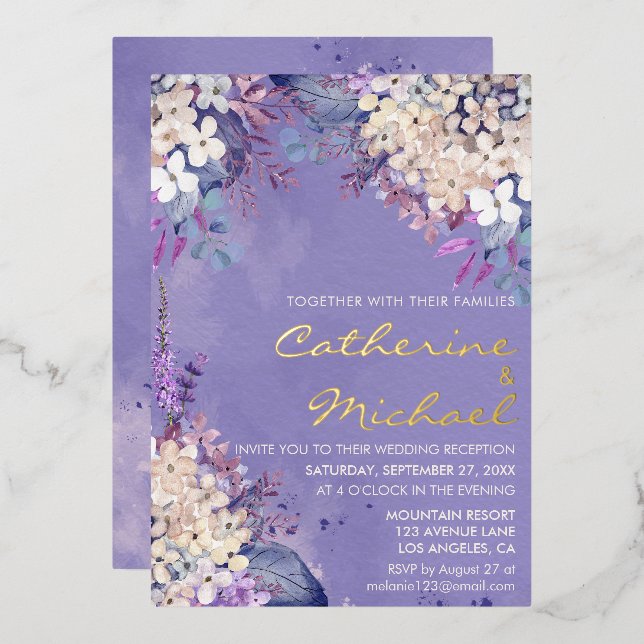 Invitación Con Relieve Metalizado Recepción de Boda de Primavera Floral de Lavanda R (Anverso/Reverso)