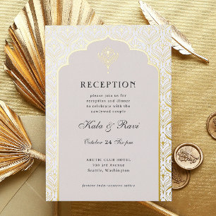 Invitación Con Relieve Metalizado Recepción de Boda Floral de Oro Art Deco Lotus