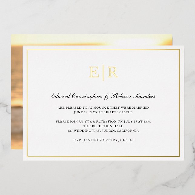 Invitación Con Relieve Metalizado Recepción de Boda Formal con Monograma de Oro Eleg (Anverso/Reverso)