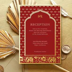 Invitación Con Relieve Metalizado Recepción de Boda Hindú Flor de Loto y Elefante