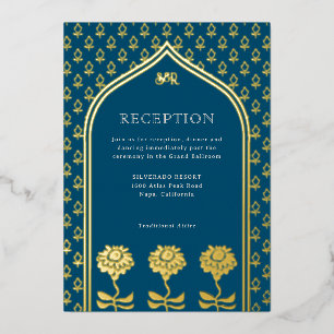 Invitación Con Relieve Metalizado Recepción de boda india con flores doradas Marigol