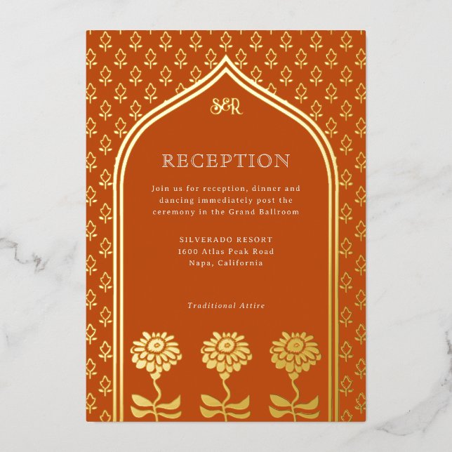 Invitación Con Relieve Metalizado Recepción de boda india con flores doradas Marigol (Anverso)