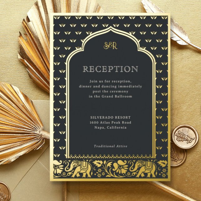 Invitación Con Relieve Metalizado Recepción de boda india para elefantes y flores Lo (Black Indian wedding invitation with elephant and lotus flower motif, hindu wedding invitation card)