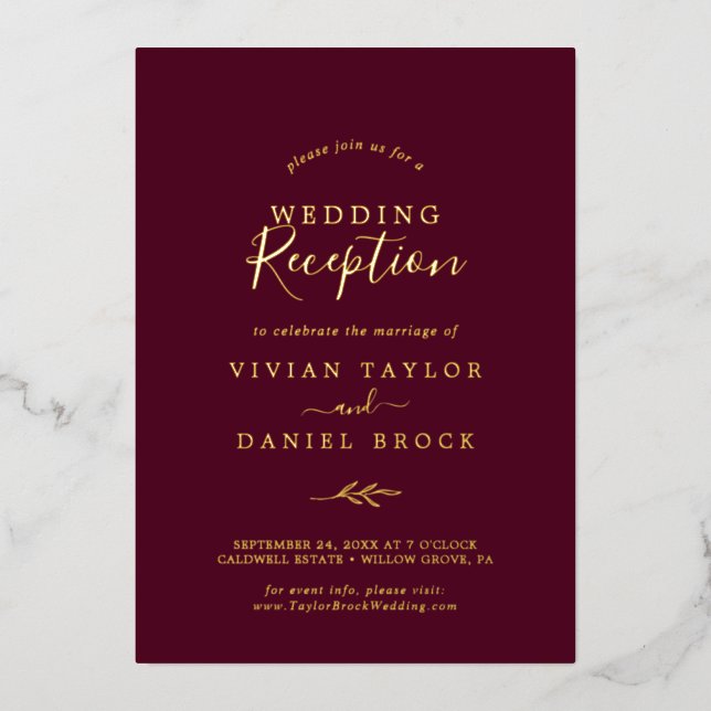 Invitación Con Relieve Metalizado Recepción de Boda Minimalista con Hojas de Oro y B (Anverso)