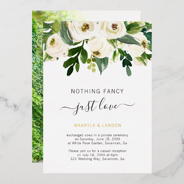 Invitación Con Relieve Metalizado Recepción de Boda Simple Floral Blanco Dorado Eleg (Anverso/Reverso)