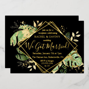 Invitación Con Relieve Metalizado Recepción de bodas de Elopement tropical negro y o