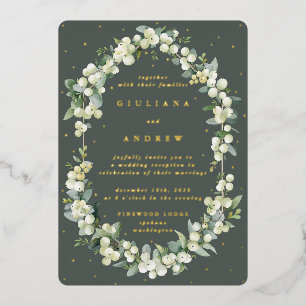 Invitación Con Relieve Metalizado Reception de Boda de Green Snowberry + Eucalipto s