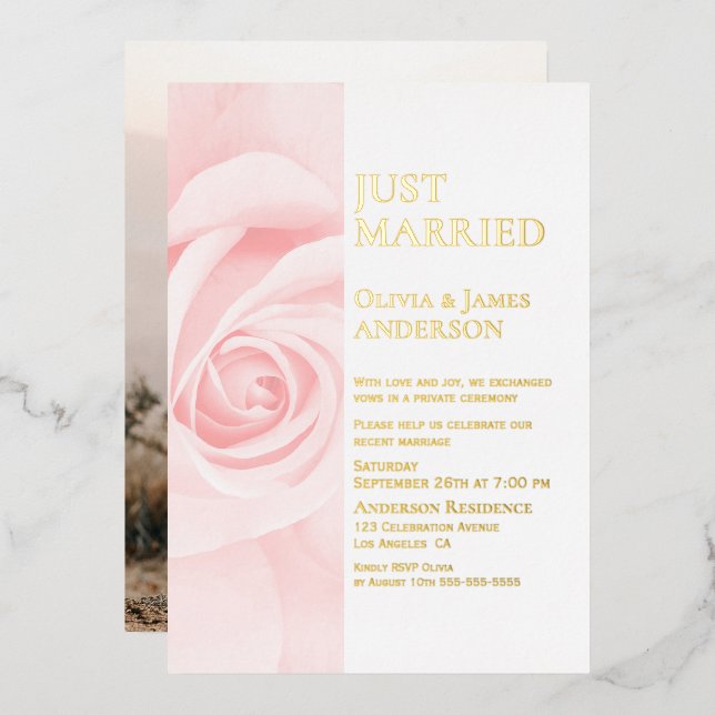 Invitación Con Relieve Metalizado Recién Casados Texto Dorado Rosa Rosa Boda Recepci (Anverso/Reverso)