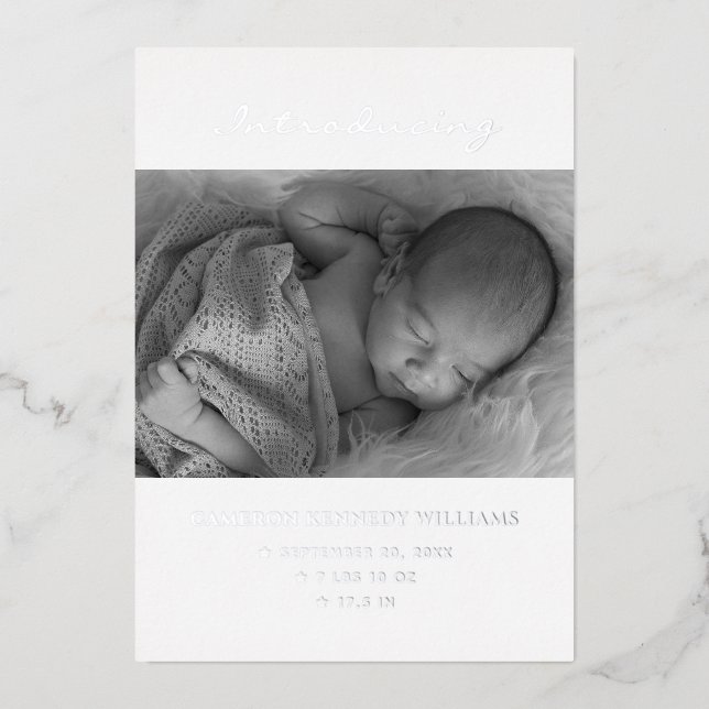 Invitación Con Relieve Metalizado Recién Nacido Lindo Sencillo Personalizado Foto Ho (Anverso)