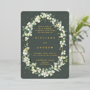 Invitación Con Relieve Metalizado Recién recepción de bodas de nieve verde + eucalip