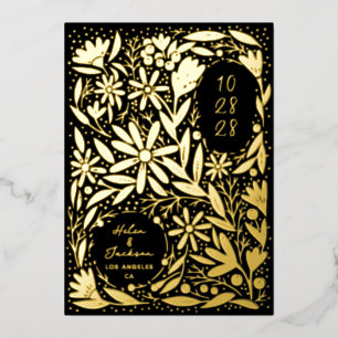 Invitación Con Relieve Metalizado Recorte de papel Flores Rústicas Negras Guardar la