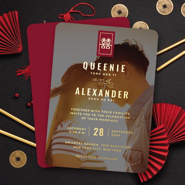 Invitación Con Relieve Metalizado Rectángulo de doble felicidad foto Boda chino (Gold/Red Simple Rectangle Double Happiness Minimalist Chinese Wedding Real Foil Photo Invitation)